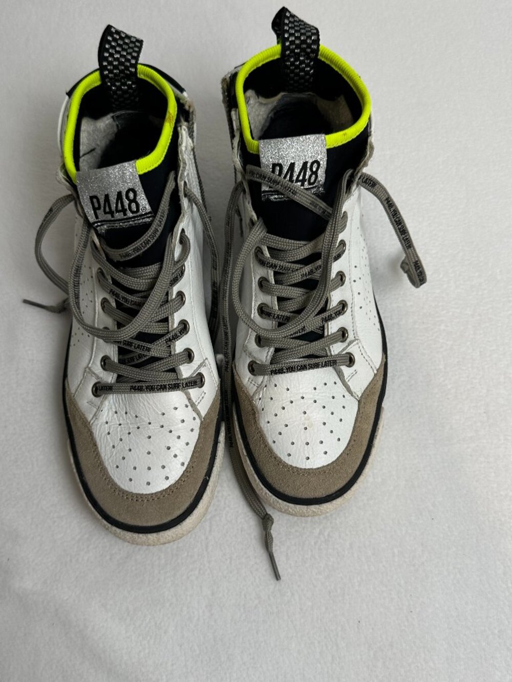 P448 High-Top Leather Sneakers – White/Neon Accent - Size 8
